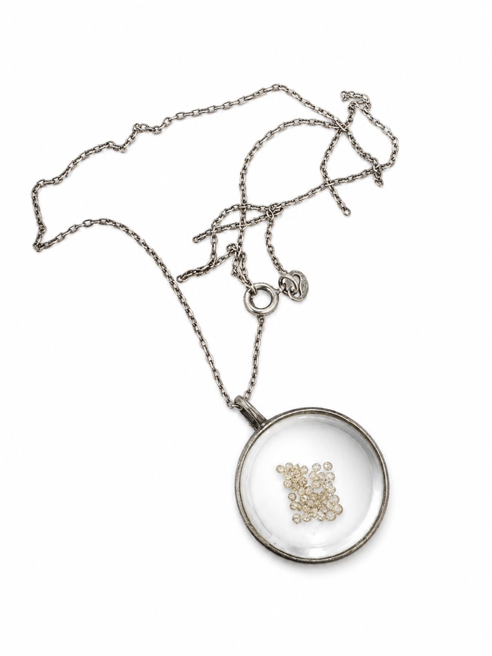 Clear Glass Pendant Necklace with Tiny diamonds Accents - Gray chain